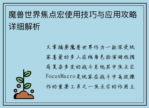 魔兽世界焦点宏使用技巧与应用攻略详细解析